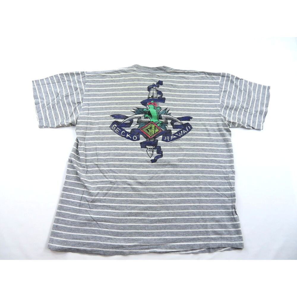 Gecko Hawaii T-Shirt Gray White Striped Made in USA Sz XL 1990s